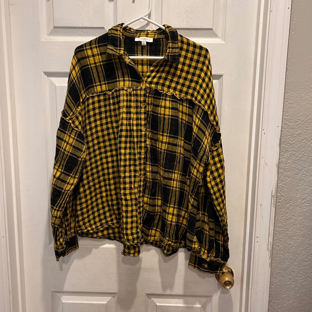 Umgee USA Womens 2XL Button Down Flannel Shirt‎ Top Yellow Black Plaid Boho